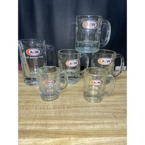 Vintage Set 6 A&W Root Beer Heavy Dimpled Glass Mug 6" & 4.5” & 3” AW 1970s